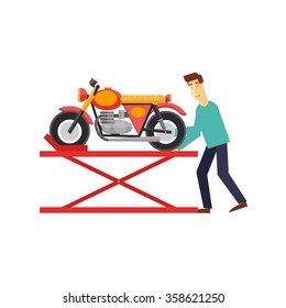 Repair of motorcycles, building motorcycles, custom motorcycles. Flat design vector illustration.