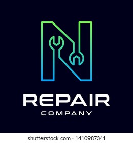 Repair n letter vector logo template. This font use wrench symbol. Suitable for technology, mechanic, or automotive business.