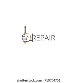 Repair outline logo icon. Hand holding screwdriver symbol. Vector Logotype applicable for restoration, fixing, adjustment, master, foreman, artisan classes
