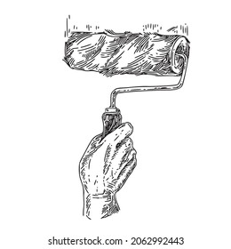 Repair. Painting the walls. The hand holds the roller. Sketch. Engraving style. Vector illustration.