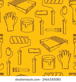 Repair and painting work, seamless pattern of brushes and rollers for painting. Cuvette for paints, gloves, a jar of enamel. Repair, building. Vector illustration doodle style. wallpaper, background.