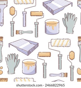 Repair and painting work, seamless pattern of brushes and rollers for painting. Cuvette for paints, gloves, a jar of enamel. Repair, building. Vector illustration doodle style. wallpaper, background.