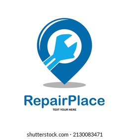 Repair place vector logo template. This design use pin and wrench symbol. Suitable for fix.