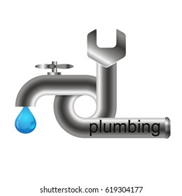 Repair of plumbing symbol. Pipes, water faucet and a wrench.