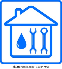 repair plumbing symbol with water drop, wrench on home