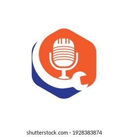 Repair podcast vector logo design. Wrench and mic icon design.