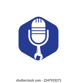 Reparieren Sie Podcast Vektorlogo-Design. Das Design von Schraubenschlüssel und Mikrosymbolen.