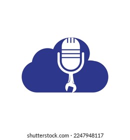 Reparar el diseño del logotipo del vector del podcast. Diseño de ícono de llave y micrófono.