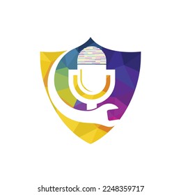 Reparar el diseño del logotipo del vector del podcast. Diseño de ícono de llave y micrófono.