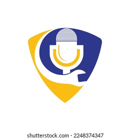 Reparar el diseño del logotipo del vector del podcast. Diseño de ícono de llave y micrófono.