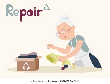Repair poster. Grandmother sews on the button to the t-shirt. Second hand and flea market. Reuse and recycle. Sustainability and eco concept. Vector flat illustration 