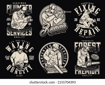 Repair and production monochrome vintage patches collection with plumber using pipewrench, repairman holding drill, man with cordless driver, worker waxing car, carpenter sawing wooden board