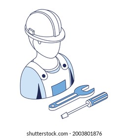 Profesional de reparación, ingeniero de construcción, herramientas. Vector 3d línea isométrica, iconos de color web, nuevo estilo plano. Idea de diseño creativo y elementos para infografías.