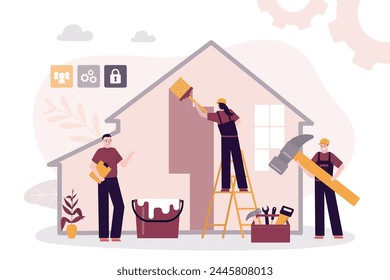 Repair or reconstruction of house. Team of repairman with various repair tools. Group of handyman doing house renovation. Builders in uniform work inside. flat vector illustration