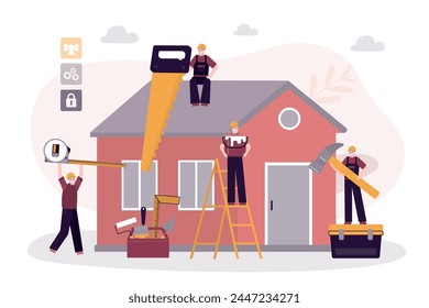 Repair or reconstruction of house. Team of repairman with various repair tools. Group of handyman doing house renovation. Builders in uniform work outside. flat vector illustration