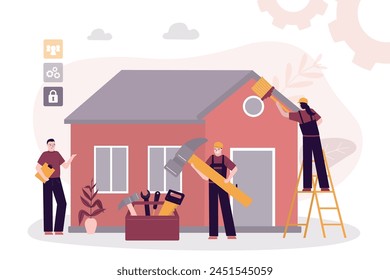 Repair or reconstruction of house. Team of repairman with various repair tools. Group of handyman doing house renovation. Painter and carpenter in uniform work outside. flat vector illustration