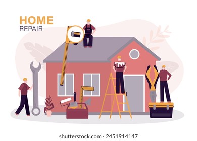 Repair or reconstruction of house. Team of repairman with various repair tools. Group of handyman doing house renovation. Builders in uniform work outside. flat vector illustration