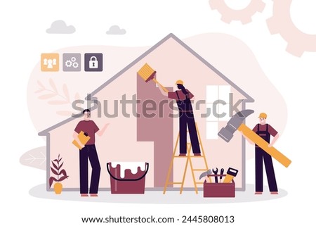 Repair or reconstruction of house. Team of repairman with various repair tools. Group of handyman doing house renovation. Builders in uniform work inside. flat vector illustration