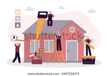 Repair or reconstruction of house. Team of repairman with various repair tools. Group of handyman doing house renovation. Builders in uniform work outside. flat vector illustration
