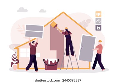 Repair or reconstruction of house. Team of repairmen paints walls, installs new windows and door. Group of handymen doing house renovation. Builders in uniform work inside and outside. flat vector