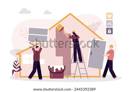 Repair or reconstruction of house. Team of repairmen paints walls, installs new windows and door. Group of handymen doing house renovation. Builders in uniform work inside and outside. flat vector