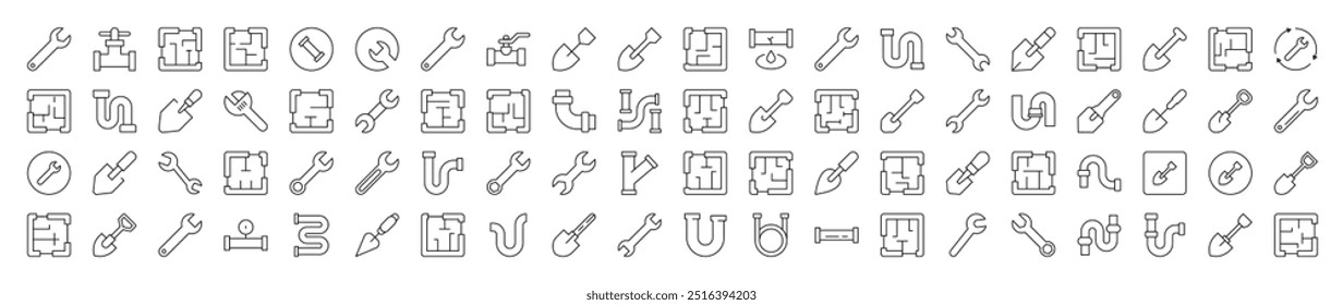 Reparar e renovar o pacote de ícone de linha. Coleção moderna para design, sites, aplicativos, cartões. Contém imagens lineares de planta de chão, pá, Spanner, tubo