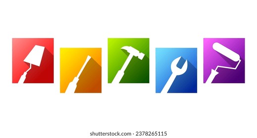 Repair, renovation, maintenance, facility management, building and improvement concept with work tools icon set: trowel, screwdriver, hammer, wrench and paint roller icons.