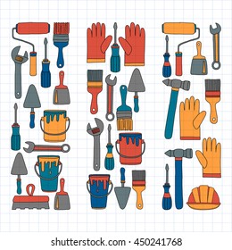 Repair and renovation tools Hand drawn vector icons