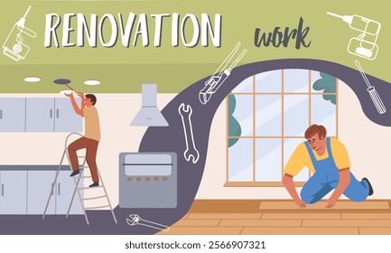 Repair, renovation work collage, hand drawing vector.