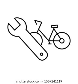 Repair rent or share bike icon. Editable stroke outline repair rent bike vector icon for web design isolated on white background.