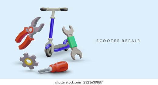 Repair and restoration of kick scooters. Service of children and adult models. Selection of original replacement parts. Advertising poster with cute 3D illustration in plasticine style