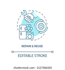 Repair and reuse turquoise concept icon. Fixing nonworking items abstract idea thin line illustration. Eliminating waste. Isolated outline drawing. Editable stroke. Arial, Myriad Pro-Bold fonts used