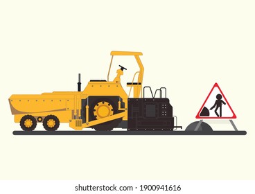 Repair the road surface. Asphalt paver makes the paving on street.Road under construction flat style design Vector illustration.