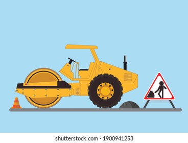 Repair the road surface. Road roller makes the paving on street.Road under construction flat style design Vector illustration.