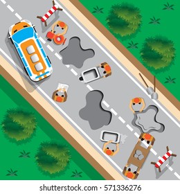 Repair Of Road. View From Above. Vector Illustration. 