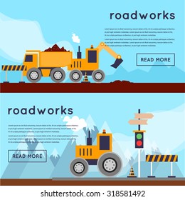 Repair of roads, laying of asphalt. 2 banners. Flat design vector illustrations.