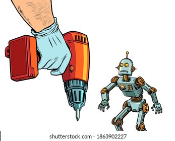 Repair of robotics concept. The robot and the drill. pop art retro vector illustration kitsch vintage drawing 50s 60s style