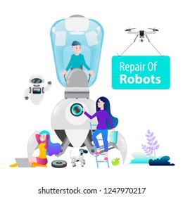 Repair of robots. Modern technologies. Vector illustration in modern flat style isolated on white background.
