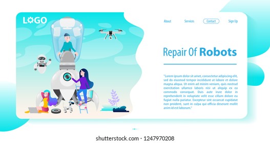 Repair of robots. Modern technologies. Website template design in modern flat style.