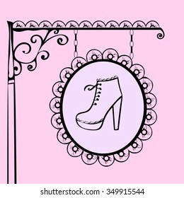 Repair and sell shoes retro vintage sign. Street pole advertising silhouette shoes with heels