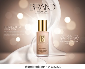 repair serum ad, brown bokeh background with soft white chiffon, 3d illustration