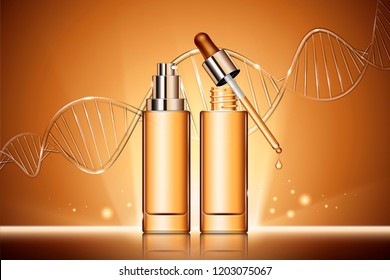 Repair serum ads with droplet bottles and glass texture DNA strand in 3d illustration