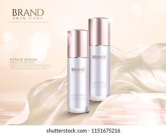Repair serum ads with pearl white flowing satin on glitter background in 3d illustration