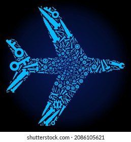 Repair service aircraft collage of service tools on a dark blue gradient background. Vector aircraft is done with blue gearwheels, spanners, and other tools, and based on aircraft icon.