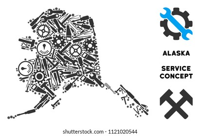 Repair service Alaska map composition of tools. Abstract geographic scheme in gray color. Vector Alaska map is designed of gear wheels, screwdrivers and other service icons.