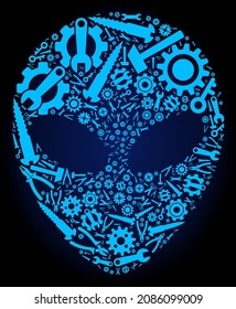 Repair service alien face composition of service tools on a dark blue gradient background. Vector alien face is organized of blue gears, spanners, and other tools, and based on alien face icon.