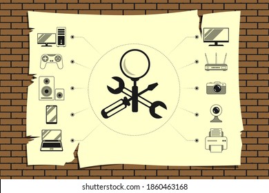 Repair service announcement, maintenance of digital, video, computer equipment - Crossed screwdriver, wrench, magnifier with icons digital, computer equipment. Announcement sheet hanging on brick wall
