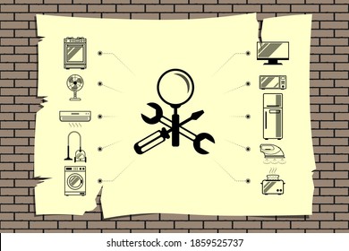 Repair service announcement, maintenance of household appliances - Crossed screwdriver, wrench and magnifier with icons household appliances. Announcement sheet hanging on a brick wall. Vector HQ