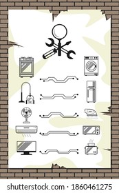 Repair service announcement, maintenance of household appliances - Crossed screwdriver, wrench and magnifier with icons household appliances. Announcement sheet hanging on a brick wall. Vector HQ