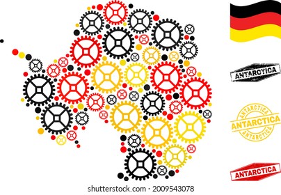 Repair service Antarctica continent map mosaic and stamps. Vector collage is composed with mechanics icons in variable sizes, and Germany flag official colors - red, yellow, black.